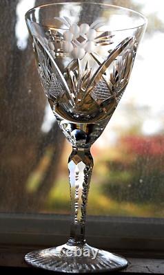 Vtg Set 6 HAND CUT CRYSTAL Wine Glasses Notched Stem GREY CUT FLORAL w ARCHES