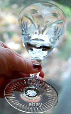 Vtg Set 6 HAND CUT CRYSTAL Wine Glasses Notched Stem GREY CUT FLORAL w ARCHES