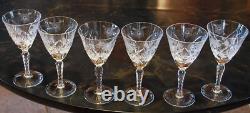 Vtg Set 6 HAND CUT CRYSTAL Wine Glasses Notched Stem GREY CUT FLORAL w ARCHES