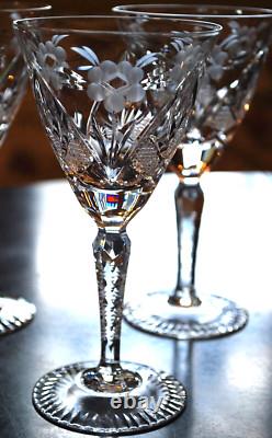 Vtg Set 6 HAND CUT CRYSTAL Wine Glasses Notched Stem GREY CUT FLORAL w ARCHES