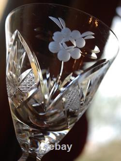 Vtg Set 6 HAND CUT CRYSTAL Wine Glasses Notched Stem GREY CUT FLORAL w ARCHES
