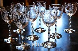 Vtg Set 8 FOSTORIA RAMBLER ETCHED FLORAL CRYSTAL Claret/Wine Glass RIBBED STEMS