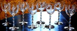 Vtg Set 8 FOSTORIA RAMBLER ETCHED FLORAL CRYSTAL Claret/Wine Glass RIBBED STEMS