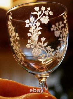 Vtg Set 8 FOSTORIA RAMBLER ETCHED FLORAL CRYSTAL Claret/Wine Glass RIBBED STEMS