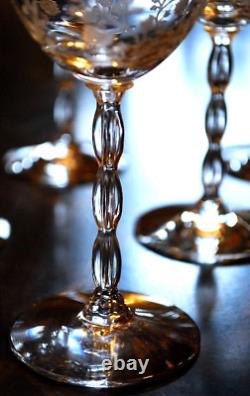 Vtg Set 8 FOSTORIA RAMBLER ETCHED FLORAL CRYSTAL Claret/Wine Glass RIBBED STEMS