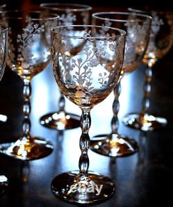 Vtg Set 8 FOSTORIA RAMBLER ETCHED FLORAL CRYSTAL Claret/Wine Glass RIBBED STEMS