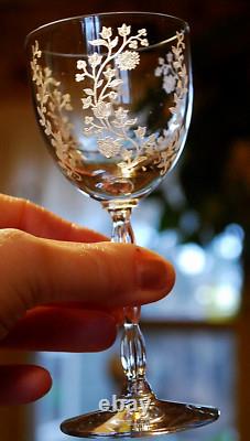 Vtg Set 8 FOSTORIA RAMBLER ETCHED FLORAL CRYSTAL Claret/Wine Glass RIBBED STEMS