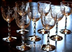 Vtg Set 8 FOSTORIA RAMBLER ETCHED FLORAL CRYSTAL Claret/Wine Glass RIBBED STEMS