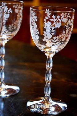 Vtg Set 8 FOSTORIA RAMBLER ETCHED FLORAL CRYSTAL Claret/Wine Glass RIBBED STEMS