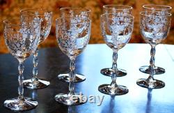 Vtg Set 8 FOSTORIA RAMBLER ETCHED FLORAL CRYSTAL Claret/Wine Glass RIBBED STEMS