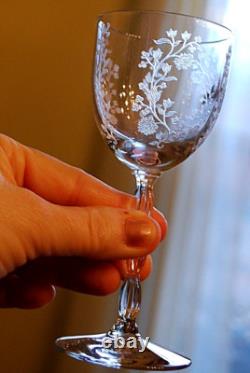 Vtg Set 8 FOSTORIA RAMBLER ETCHED FLORAL CRYSTAL Claret/Wine Glass RIBBED STEMS