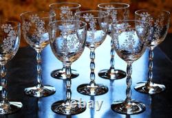 Vtg Set 8 FOSTORIA RAMBLER ETCHED FLORAL CRYSTAL Claret/Wine Glass RIBBED STEMS