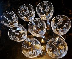 Vtg Set 8 FOSTORIA RAMBLER ETCHED FLORAL CRYSTAL Claret/Wine Glass RIBBED STEMS