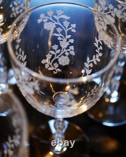 Vtg Set 8 FOSTORIA RAMBLER ETCHED FLORAL CRYSTAL Claret/Wine Glass RIBBED STEMS