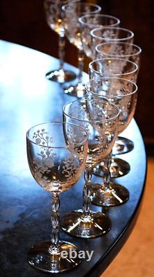 Vtg Set 8 FOSTORIA RAMBLER ETCHED FLORAL CRYSTAL Claret/Wine Glass RIBBED STEMS