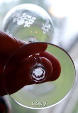 Vtg Set 8 FOSTORIA RAMBLER ETCHED FLORAL CRYSTAL Claret/Wine Glass RIBBED STEMS