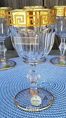 Vtg Set Of 8 Sc Genuine Italian Lead Crystal Wine Glasses Gold Greek Keyhole