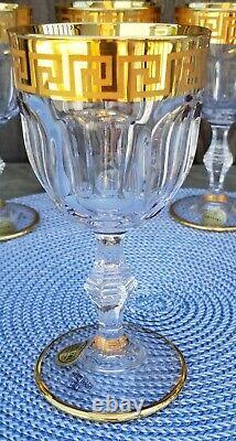 Vtg Set Of 8 Sc Genuine Italian Lead Crystal Wine Glasses Gold Greek Keyhole