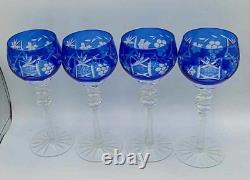 Vtg Set of 4 Bohemian Cobalt Blue Cut-to-Clear Crystal Wine Glasses Grape 8.25