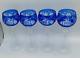 Vtg Set of 4 Bohemian Cobalt Blue Cut-to-Clear Crystal Wine Glasses Grape 8.25