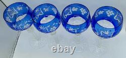 Vtg Set of 4 Bohemian Cobalt Blue Cut-to-Clear Crystal Wine Glasses Grape 8.25