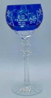 Vtg Set of 4 Bohemian Cobalt Blue Cut-to-Clear Crystal Wine Glasses Grape 8.25