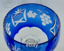 Vtg Set of 4 Bohemian Cobalt Blue Cut-to-Clear Crystal Wine Glasses Grape 8.25