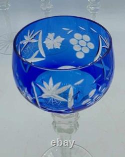 Vtg Set of 4 Bohemian Cobalt Blue Cut-to-Clear Crystal Wine Glasses Grape 8.25
