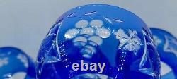 Vtg Set of 4 Bohemian Cobalt Blue Cut-to-Clear Crystal Wine Glasses Grape 8.25