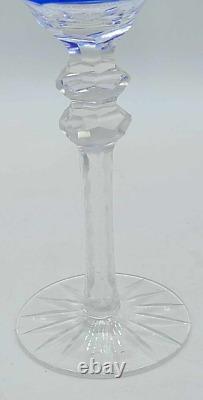Vtg Set of 4 Bohemian Cobalt Blue Cut-to-Clear Crystal Wine Glasses Grape 8.25