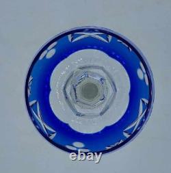 Vtg Set of 4 Bohemian Cobalt Blue Cut-to-Clear Crystal Wine Glasses Grape 8.25