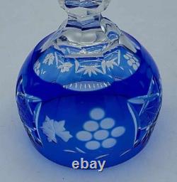 Vtg Set of 4 Bohemian Cobalt Blue Cut-to-Clear Crystal Wine Glasses Grape 8.25