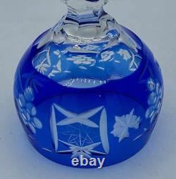 Vtg Set of 4 Bohemian Cobalt Blue Cut-to-Clear Crystal Wine Glasses Grape 8.25