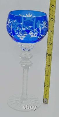 Vtg Set of 4 Bohemian Cobalt Blue Cut-to-Clear Crystal Wine Glasses Grape 8.25