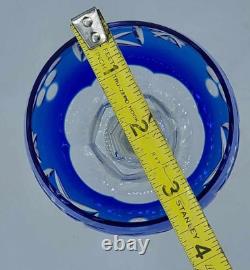Vtg Set of 4 Bohemian Cobalt Blue Cut-to-Clear Crystal Wine Glasses Grape 8.25
