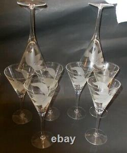 Vtg Set of 8 WATER WINE Champagne STEMS Etched Dorothy THORPE Barware GLAM