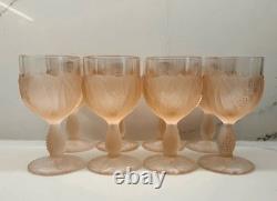 Vtg Taitu Frosted Pink Wine Glasses Water Goblets Floral Leaf Art Deco Set of 8
