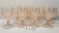 Vtg Taitu Frosted Pink Wine Glasses Water Goblets Floral Leaf Art Deco Set of 8