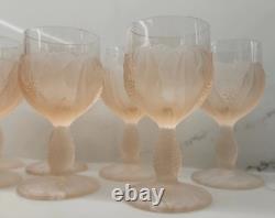 Vtg Taitu Frosted Pink Wine Glasses Water Goblets Floral Leaf Art Deco Set of 8