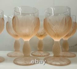 Vtg Taitu Frosted Pink Wine Glasses Water Goblets Floral Leaf Art Deco Set of 8