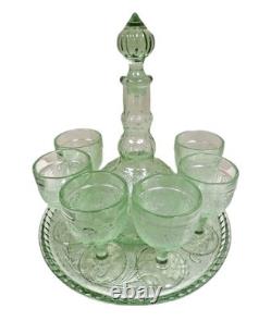 Vtg Tiara Glass 9 Pc Chantilly Green Decanter Genie Bottle Set Indiana Tray MORE