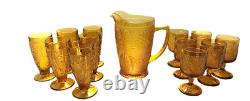 Vtg Tiara Indiana Glass Amber 13 Pc Iced Tea & Water Goblets withPitcher-Pristine