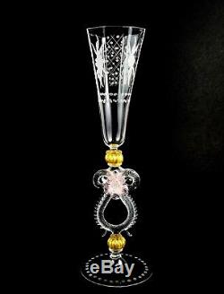 Vtg Venetian Art Glass Toasting Flute Murano Crystal Original Etched Wine Goblet