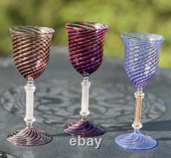 Vtg Venetian Murano 2 oz Wine Glasses Twist & Gold Adventurine Stems Set of 3