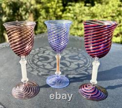 Vtg Venetian Murano 2 oz Wine Glasses Twist & Gold Adventurine Stems Set of 3