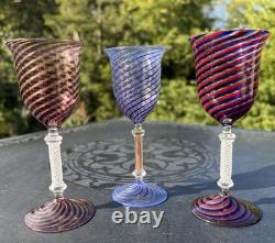 Vtg Venetian Murano 2 oz Wine Glasses Twist & Gold Adventurine Stems Set of 3