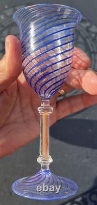 Vtg Venetian Murano 2 oz Wine Glasses Twist & Gold Adventurine Stems Set of 3