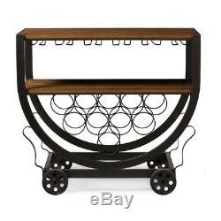 Wine Cart with Glass Storage Wood Medium Brown Bronze Vintage Industrial Furniture