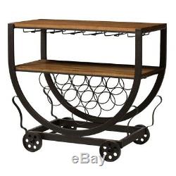 Wine Cart with Glass Storage Wood Medium Brown Bronze Vintage Industrial Furniture
