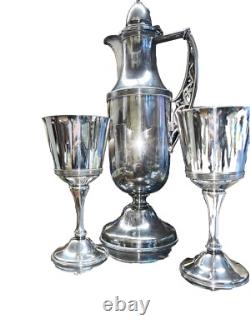 Wine Claret Decanter MCM Art Nouveau 17.5And 2 Goblets Collectible